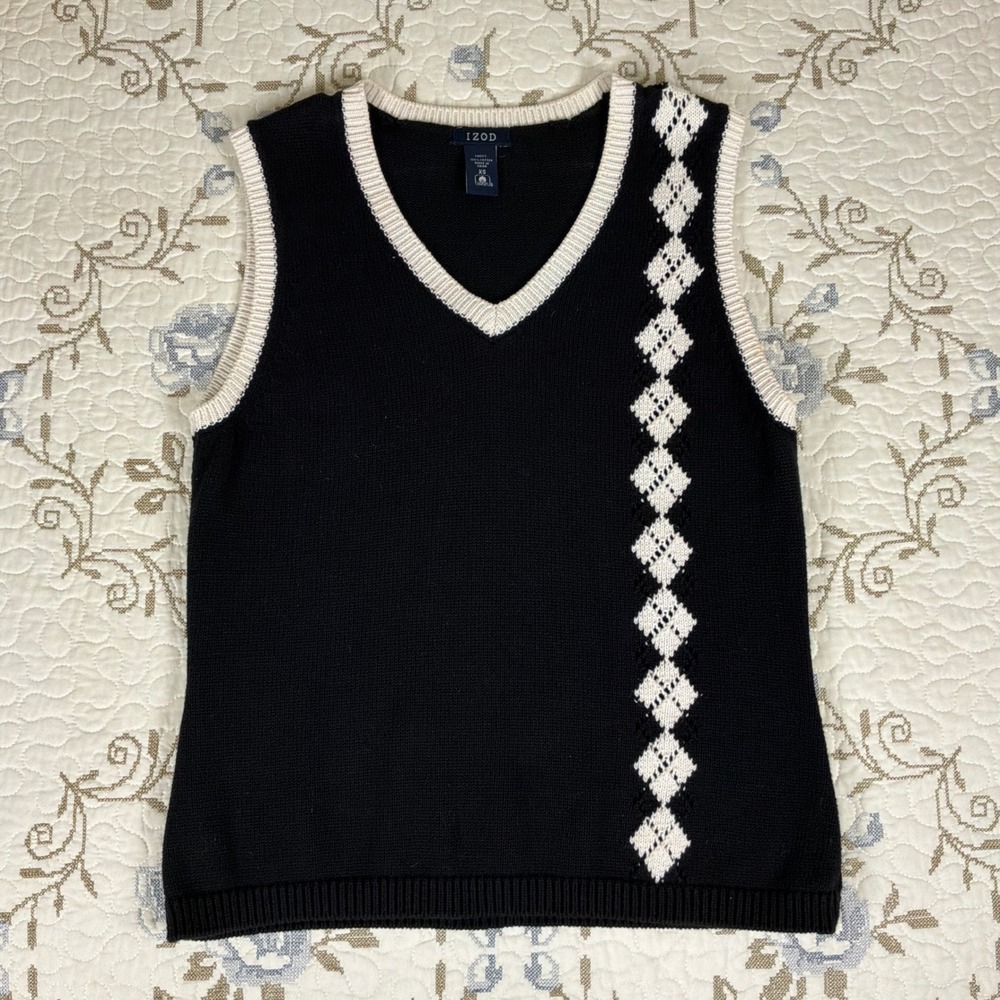 IZOD Y2K Black White Argyle Sweater Vest XS Preppy Dark Academia